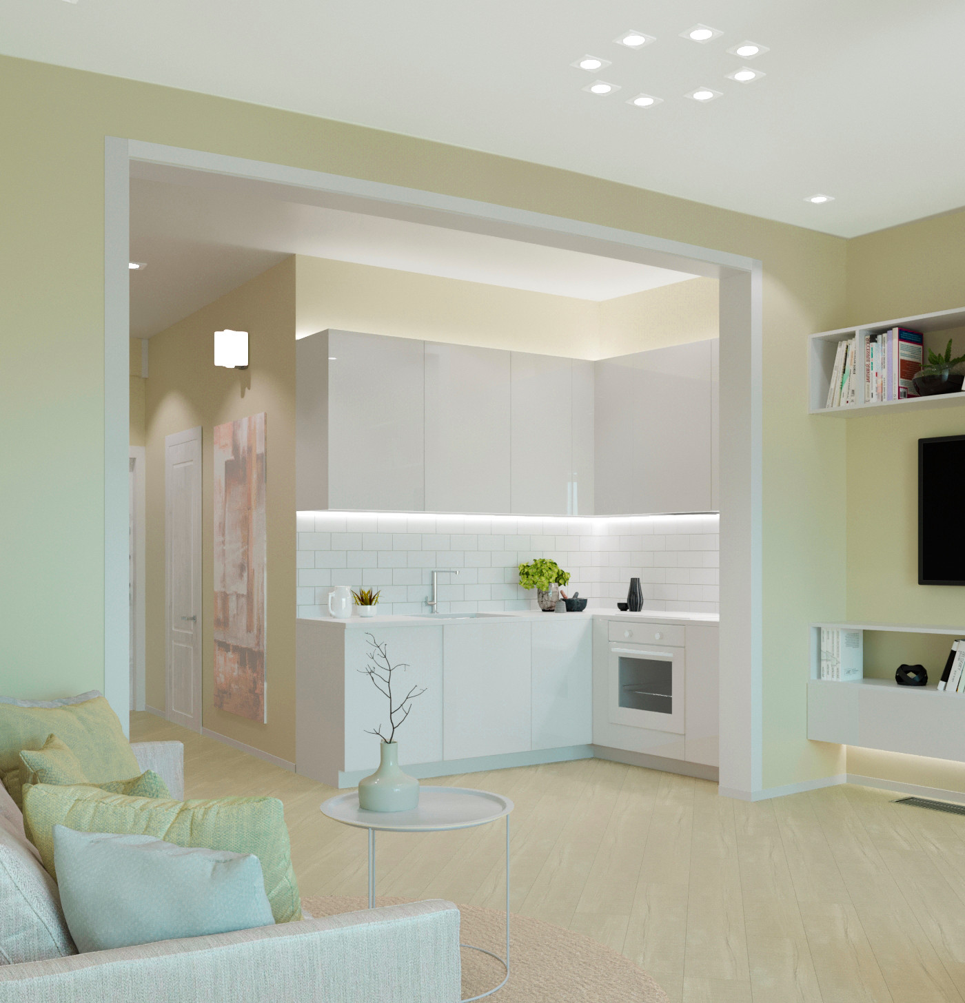 Вид с гостинной на кухню.