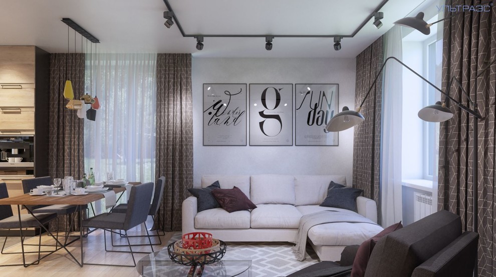 графичная гостиная-столовая с яркими акцентами