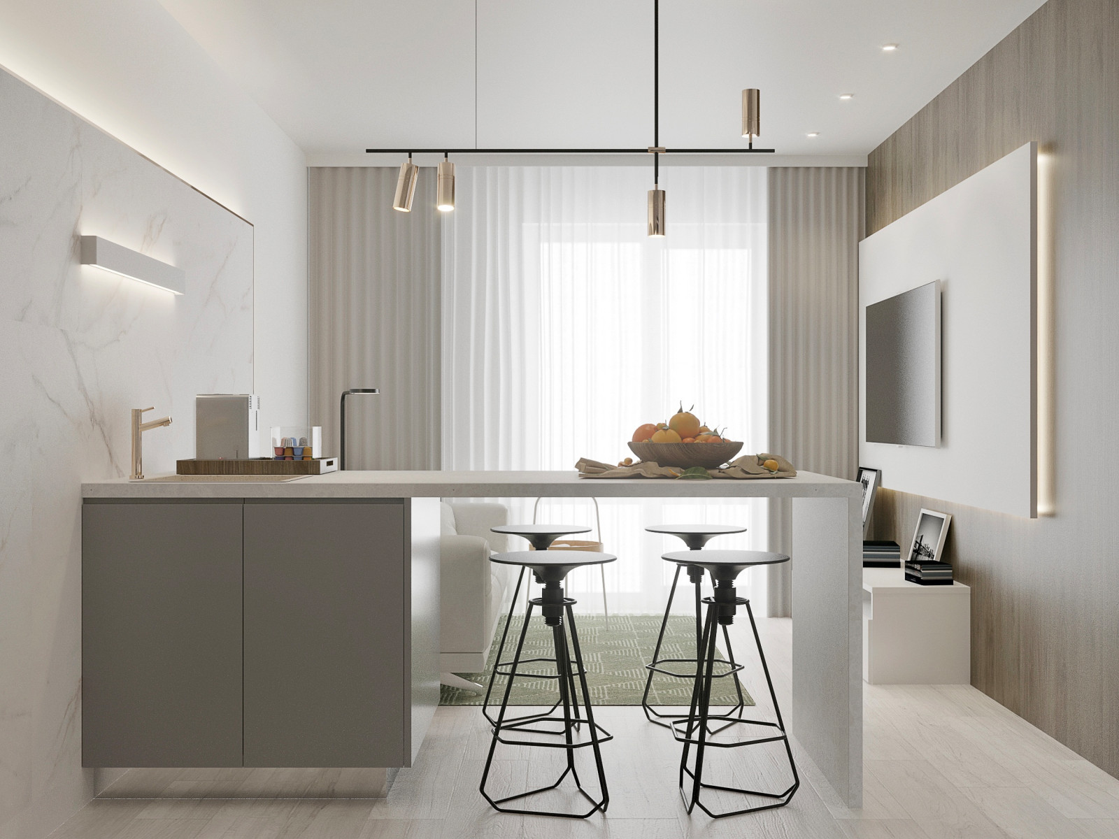 Дизайн интерьера маленькой кухни с барной стойкой, диваном и ТV зоной.