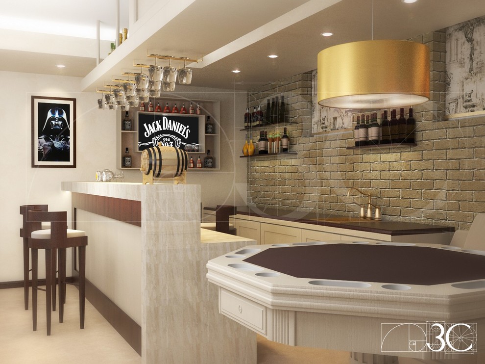 Домашний кинотеатр с баром в светлых тонах