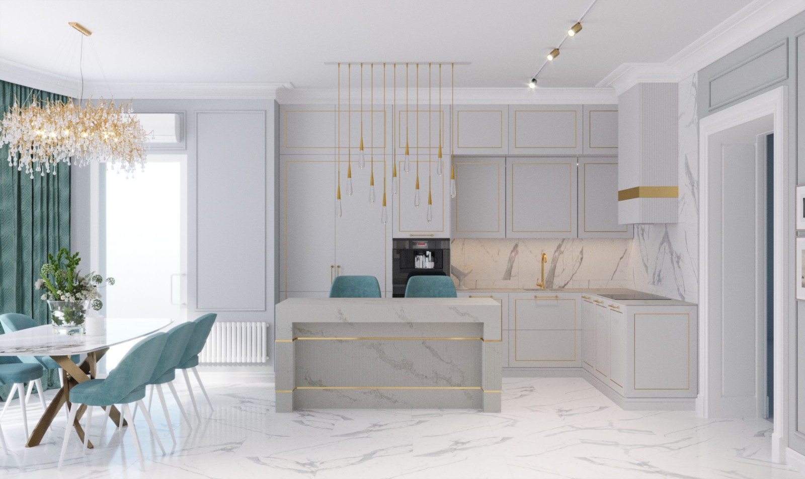 Светлая кухня с островом и яркой мебелью