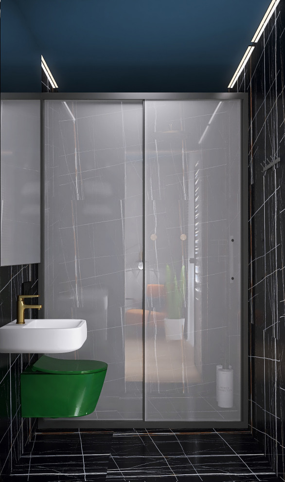 Дизайн спальни, совмещенной с санузлом, для молодого человека