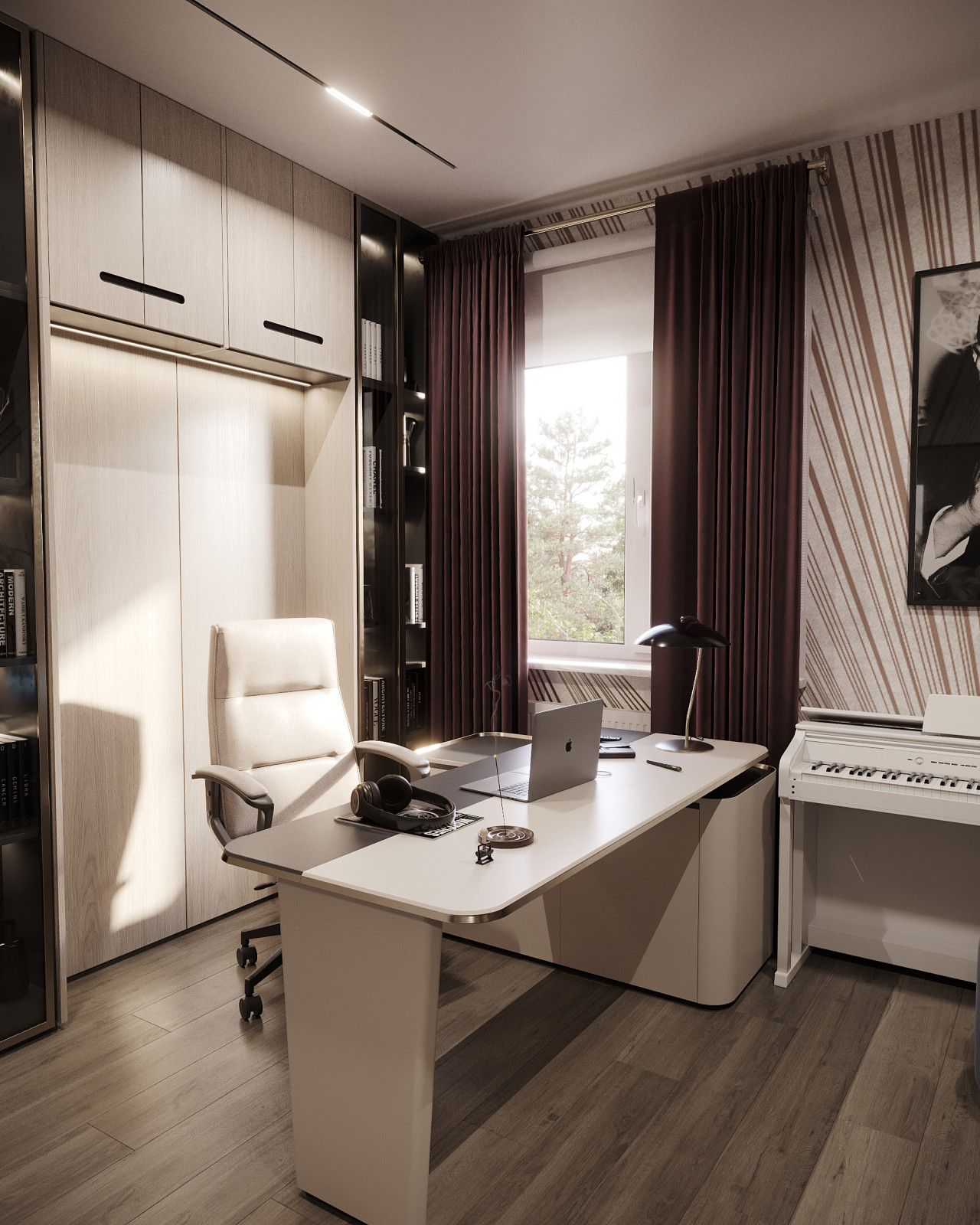 Дизайн и 3д-визуализация кабинета в загородном доме. Вариант 1.