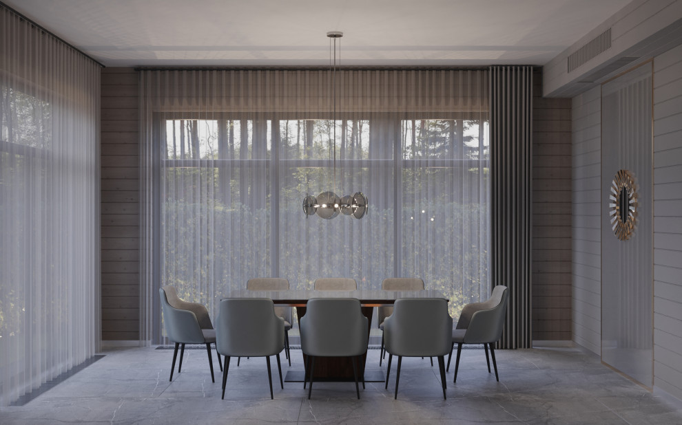 Столовая с камином в проекте загородного дома