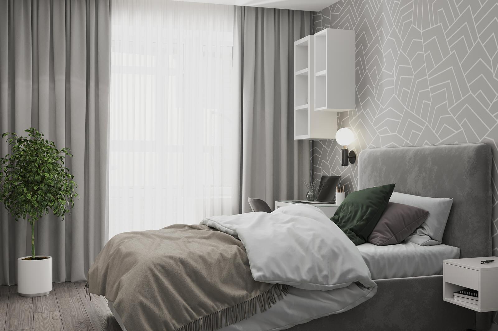 Маленькая спальня в серых тонах минимализм