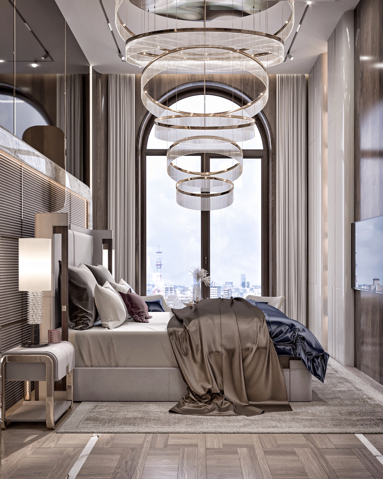 Спальня с панорамным арочным оконом