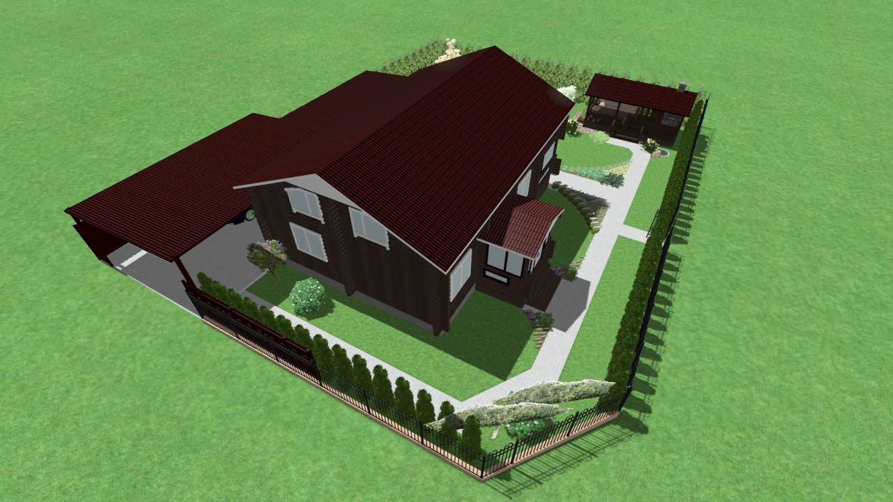 Ландшафтный дизайн участка с деревянным домом, беседкой и баней