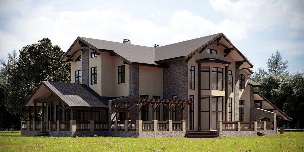 Современный дом в стиле кантри со стороны двухсветной гостиной