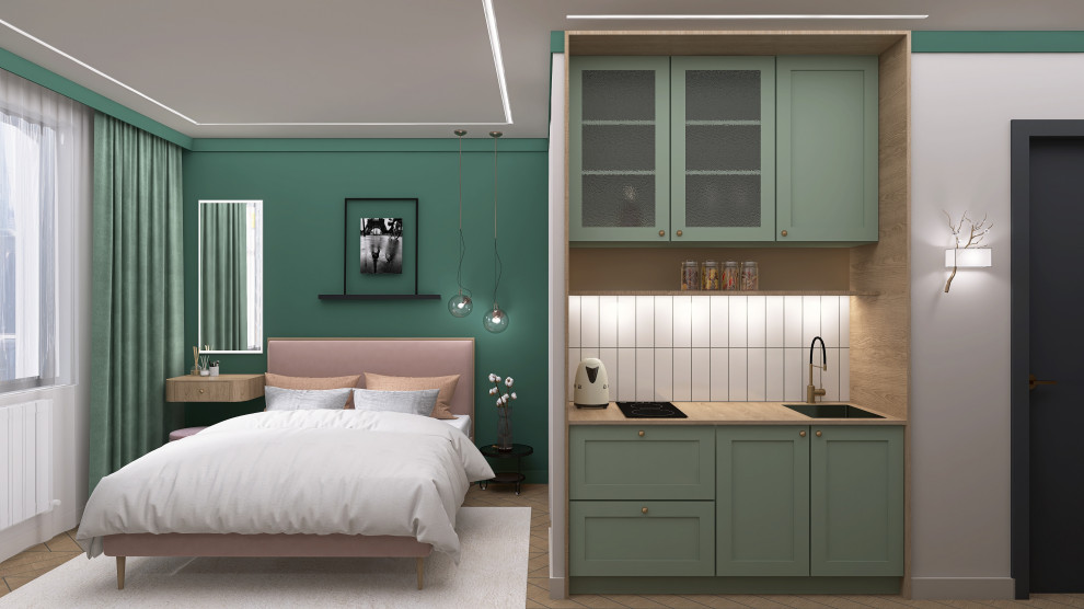 Обложка проекта: Квартира-студия 24 м2 "Зеленая гармония с розовым акцентом"