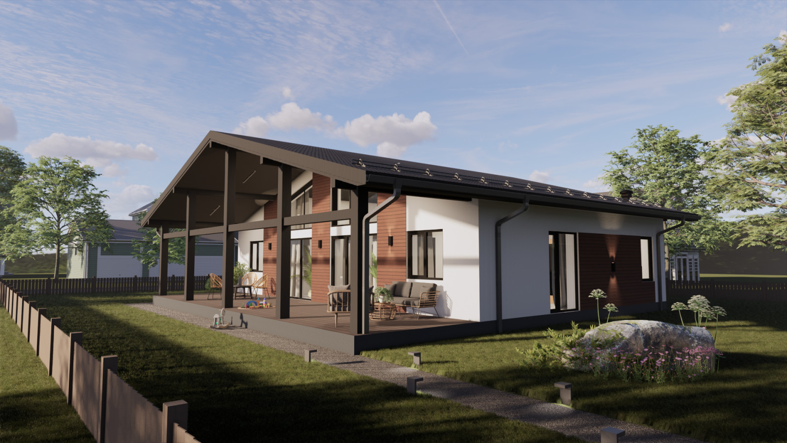 Одноэтажный дом с открытой террасой