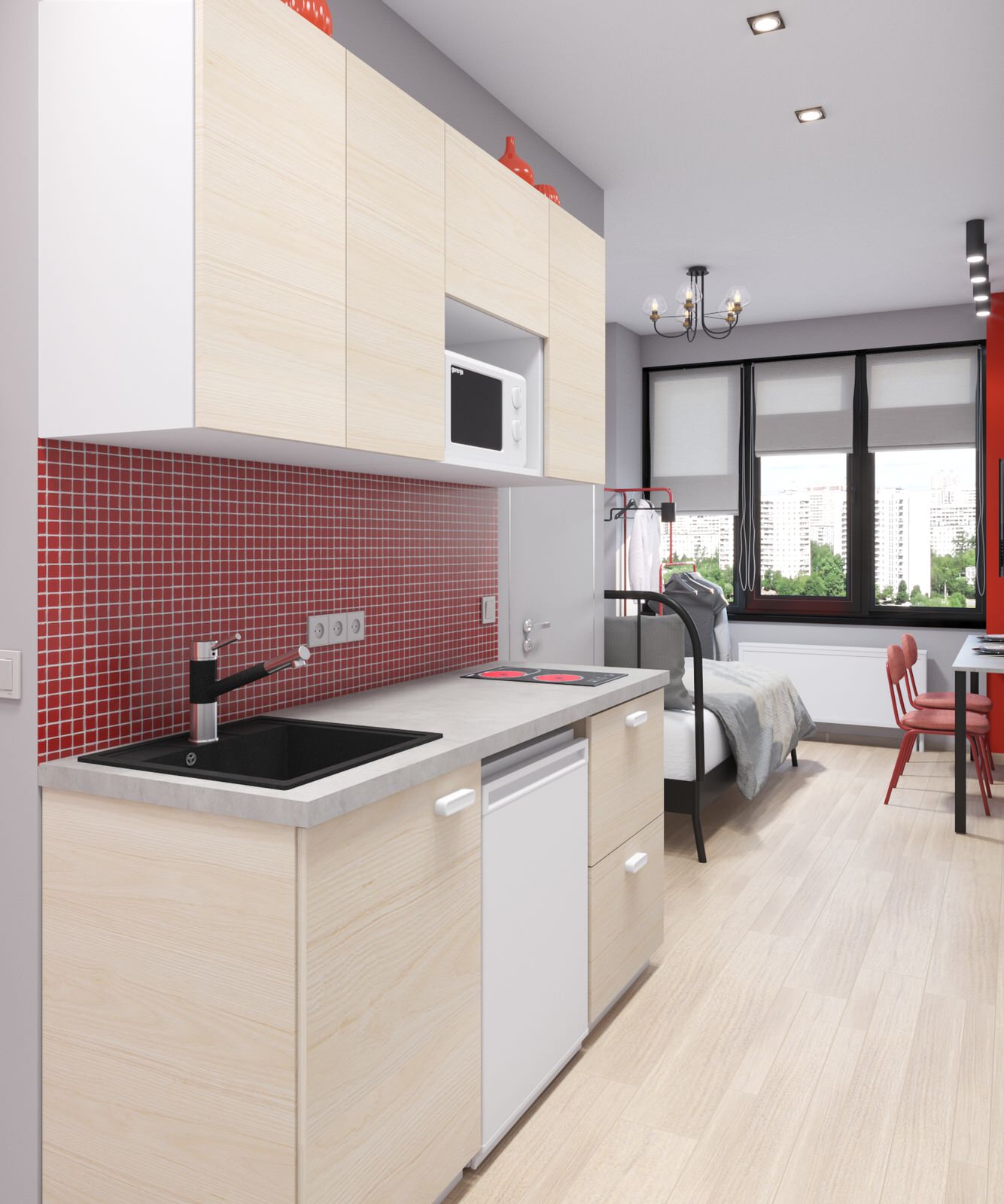 Студия с красными акцентами