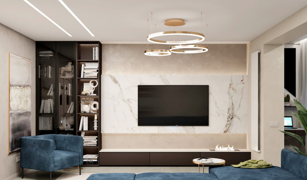 Уютная кухня-гостиная с камином