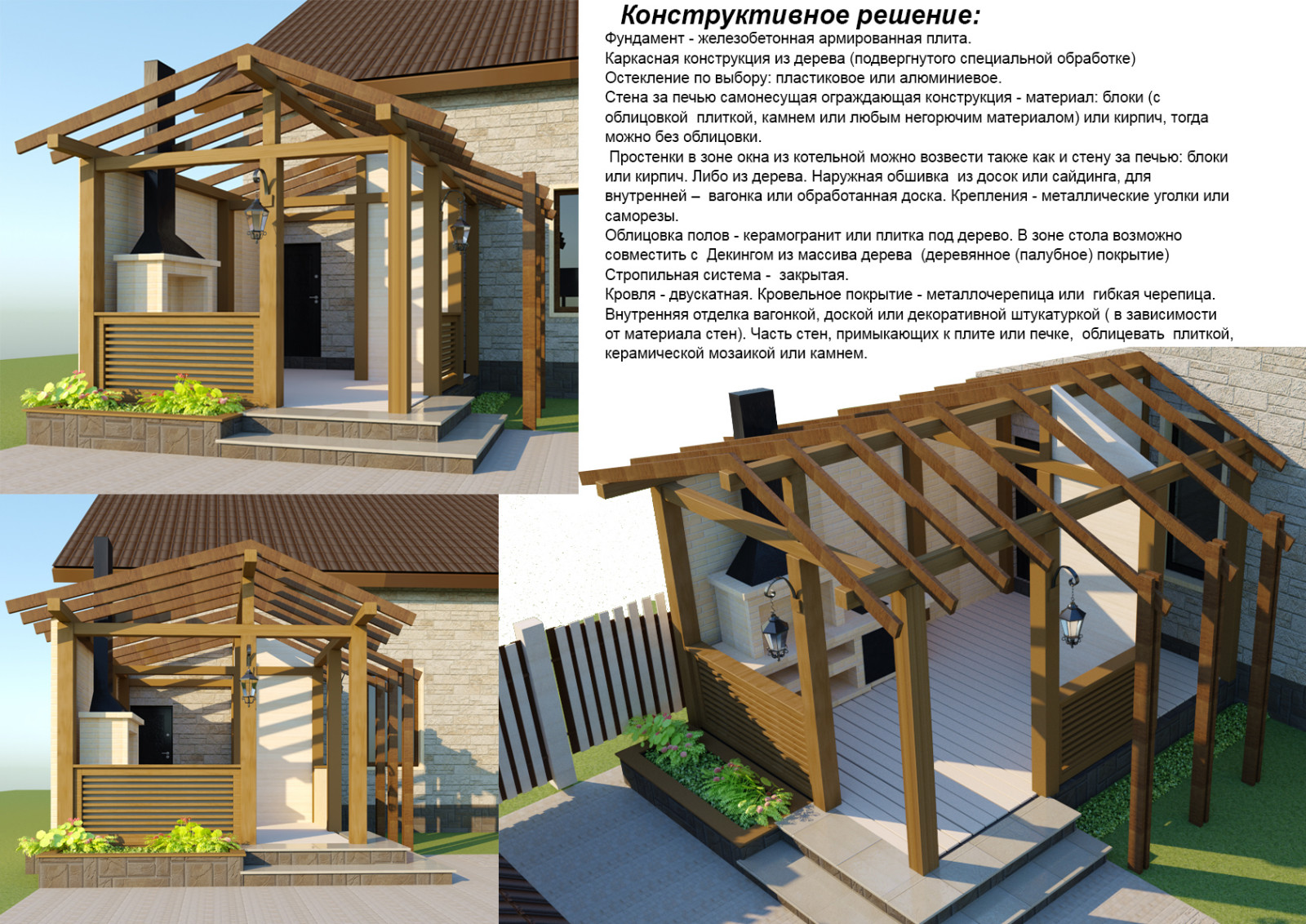 Проект пристроек к частному дому (летняя кухня и навес для авто)