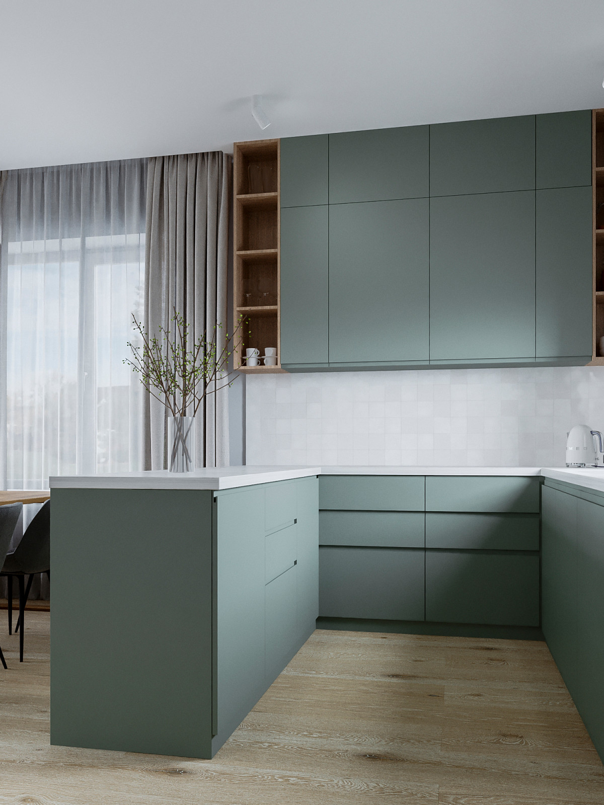 Современный интерьер дома с акцентами лестного цвета