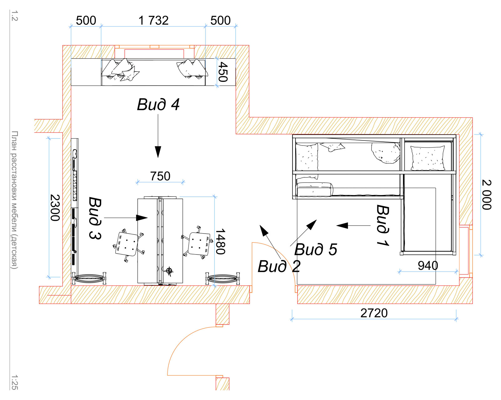 Примеры эскизного (неполного) проекта детской комнаты в загородном доме