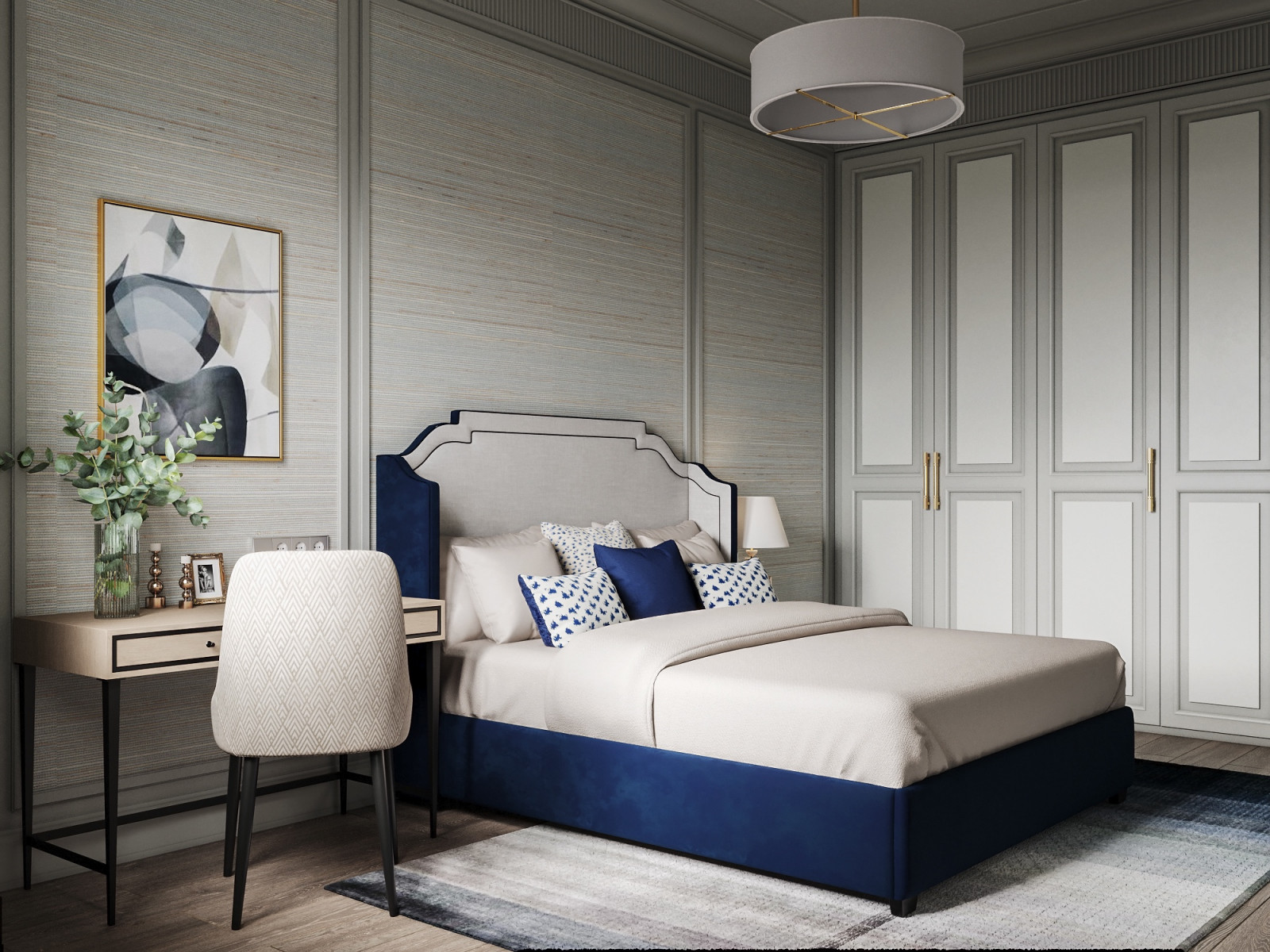 Спальня с синей кроватью