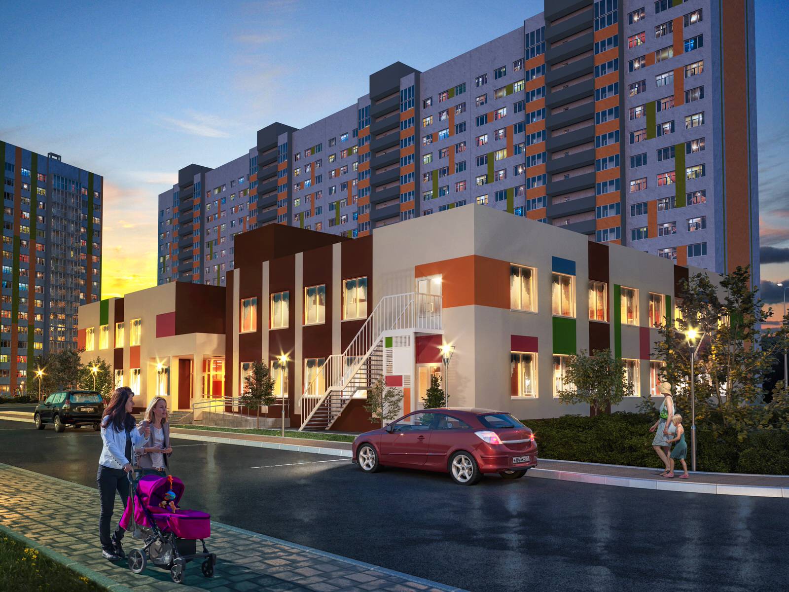 Обложка проекта: 3д визуализация детского сада. Чебоксары, мкрн Солнечный. Вечернее освещение.