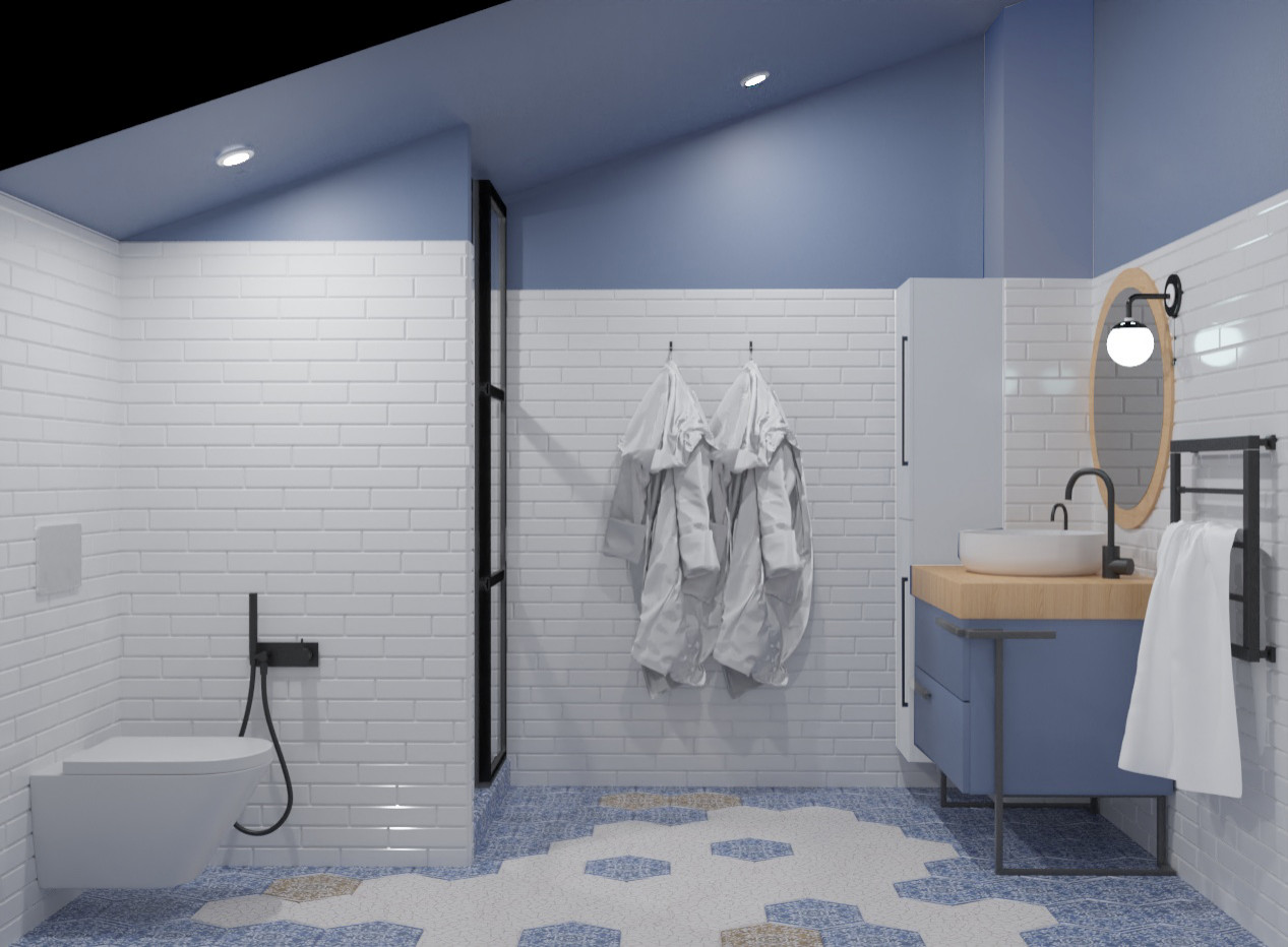 Ванная комната в синих оттенках.