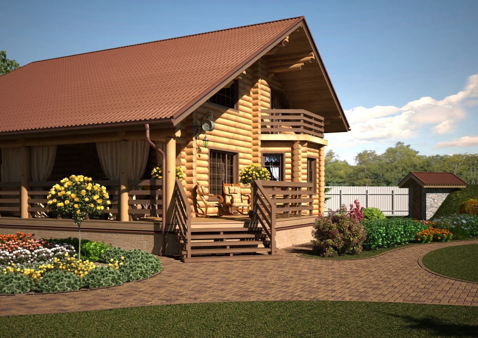 Ландшафтный дизайн для дома из оцилиндрованного бревна