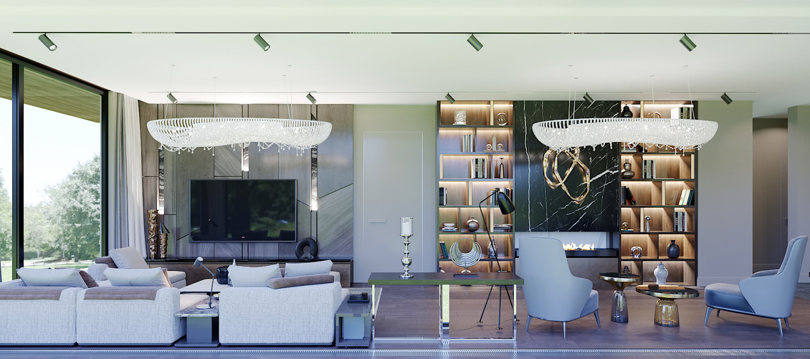 Интерьер гостиной в загородном доме. Подмосковье