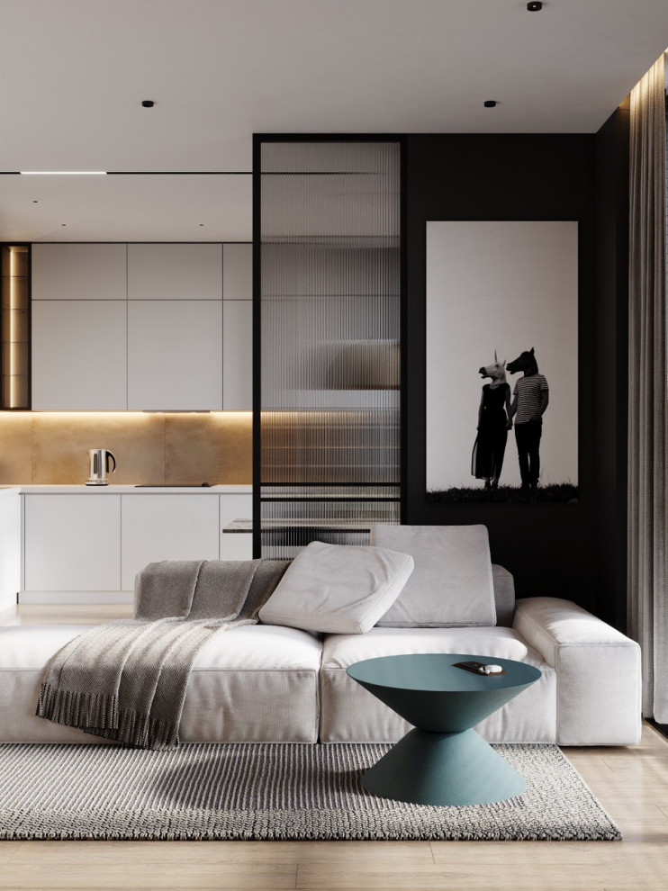 Визуализация зоны гостиная кухня в ЖК на Береговой в городе Москва