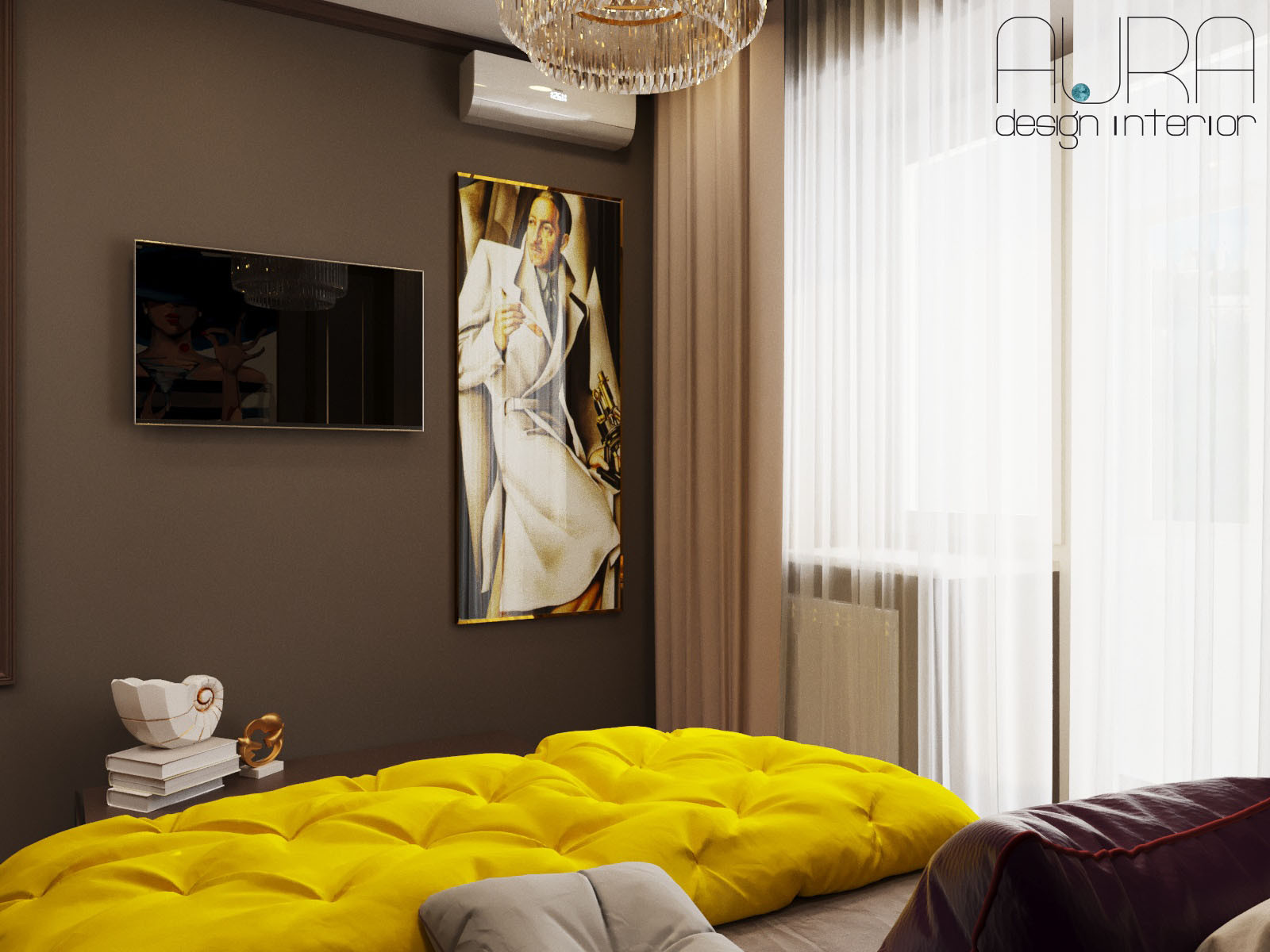 Дизайн квартиры, спальня гостиная в темных тонах