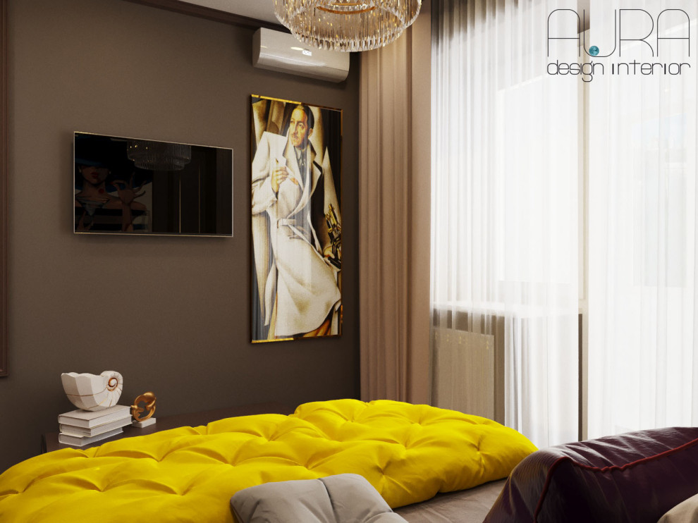 Дизайн квартиры, спальня гостиная в темных тонах