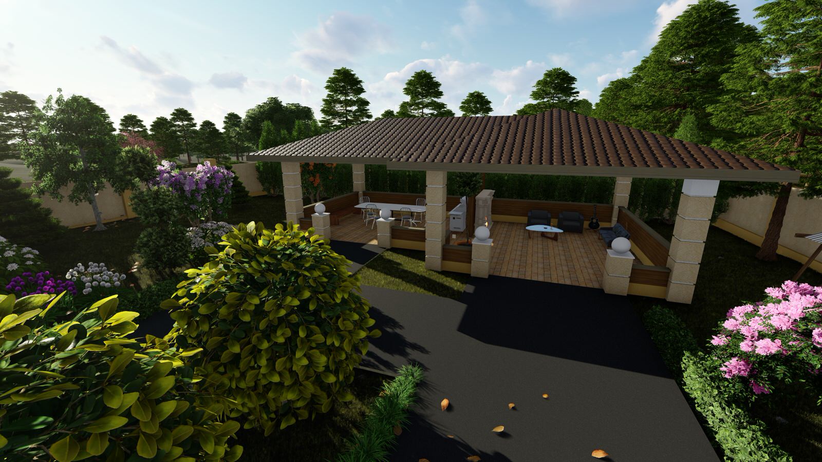 Одноэтажный дом с беседкой