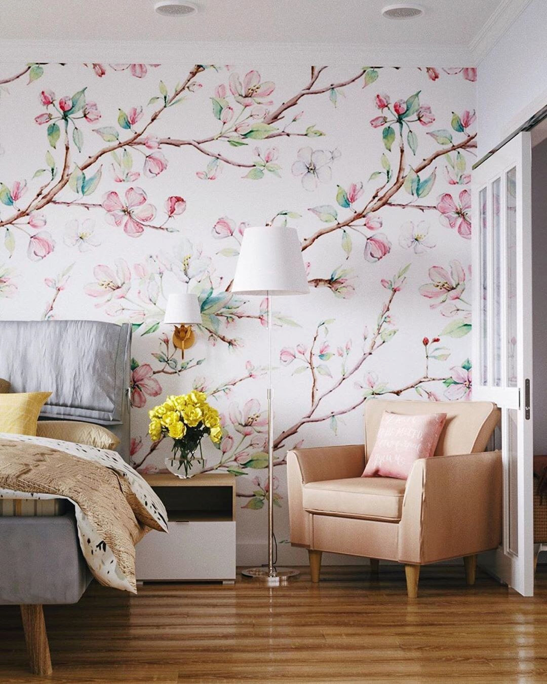 Акцентная стена в спальне в стиле mid-century с обоями Alltowall