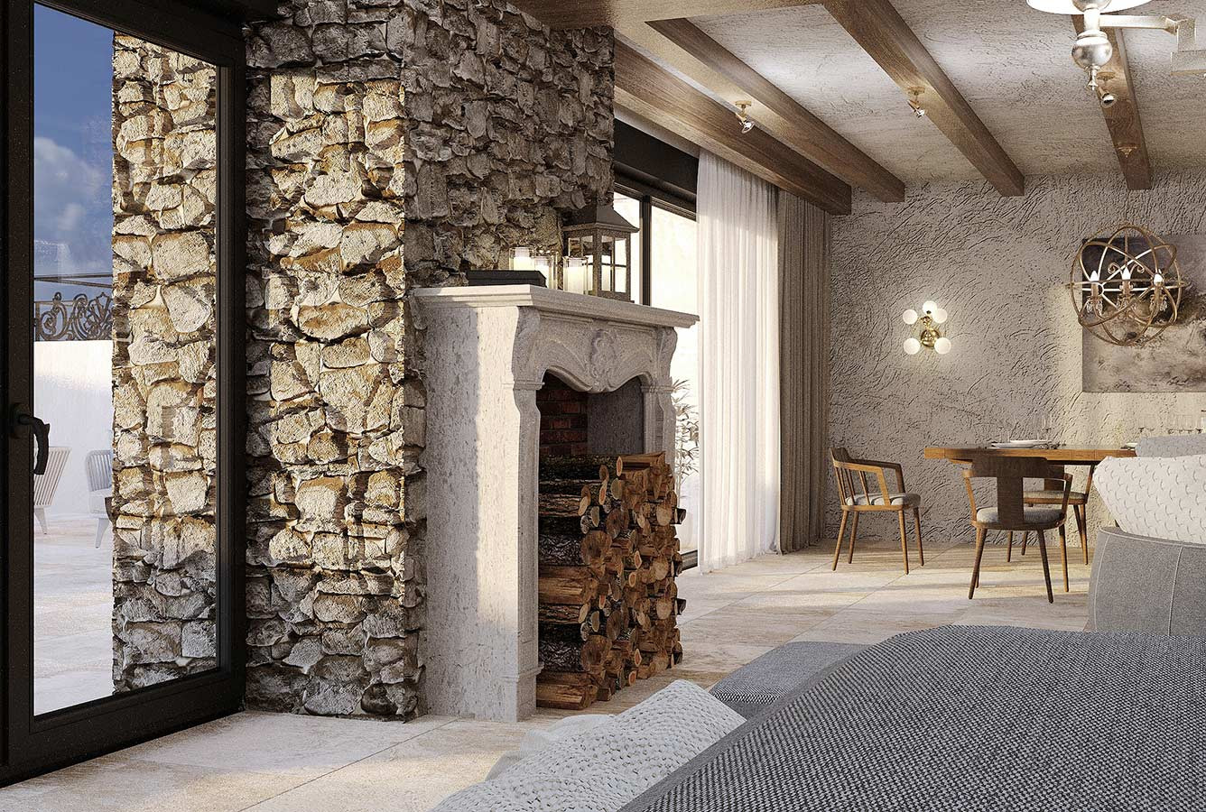 Проект интерьера террасы с камином