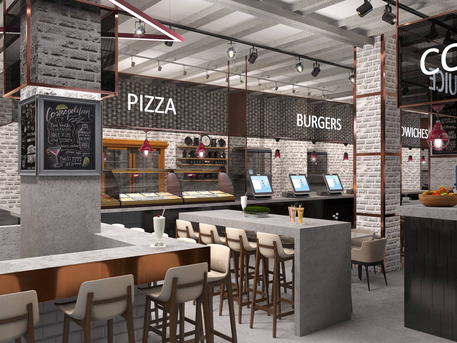Interior visualisation of food court Manor of Food in the center of Moscow