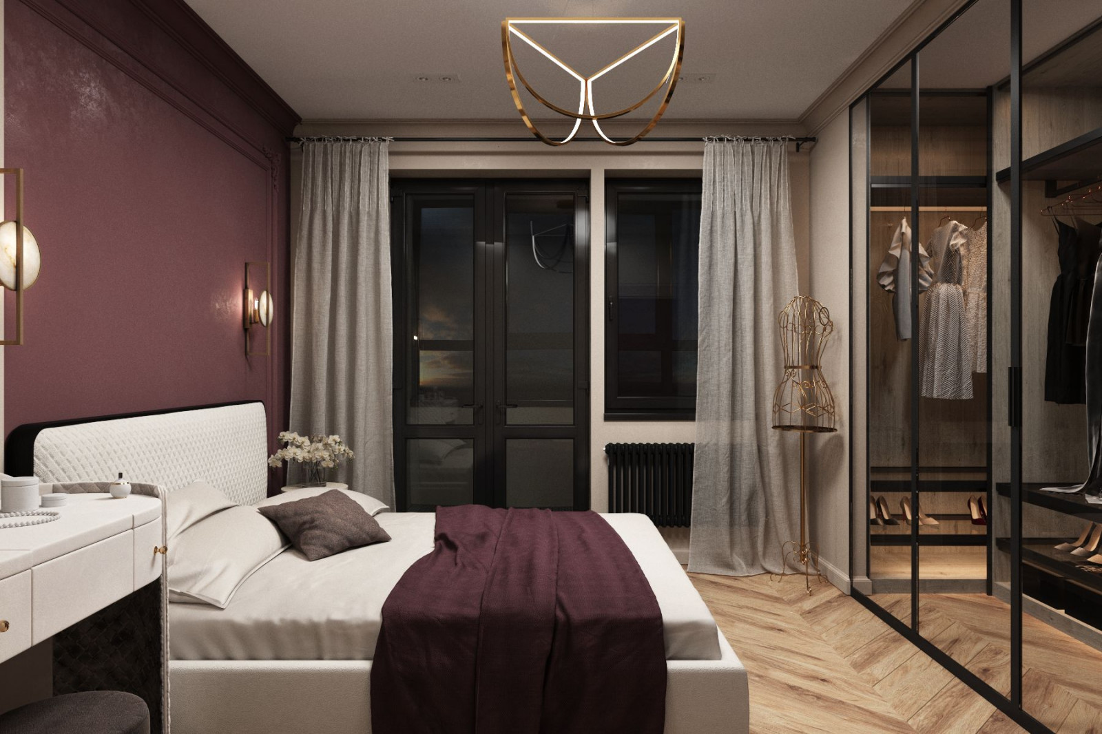 Визуализации спальной и ванной комнат.