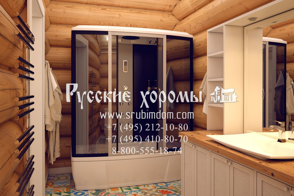 Дизайн проект санузла в двухэтажном гараже из рубленного бревна
