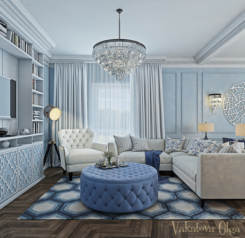 Интерьер  кухни-гостиной  в доме с панорамными  окнами.