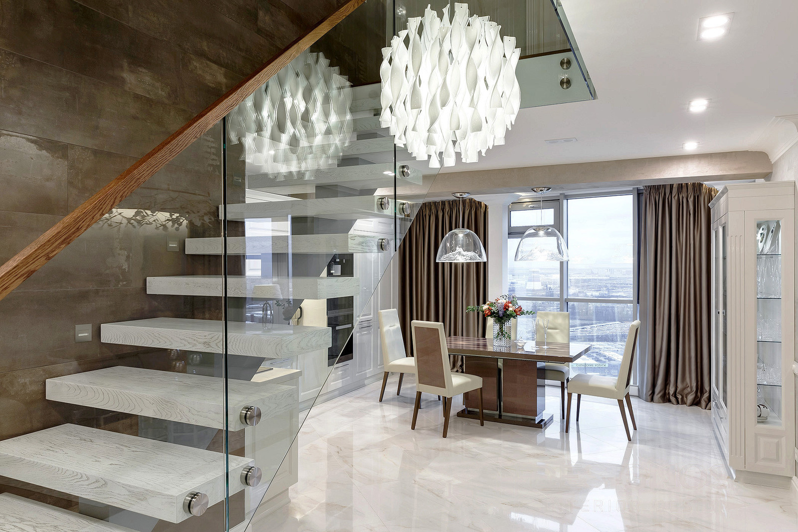 Интерьер двухуровневой квартиры с панорамными окнами, Санкт-Петербург