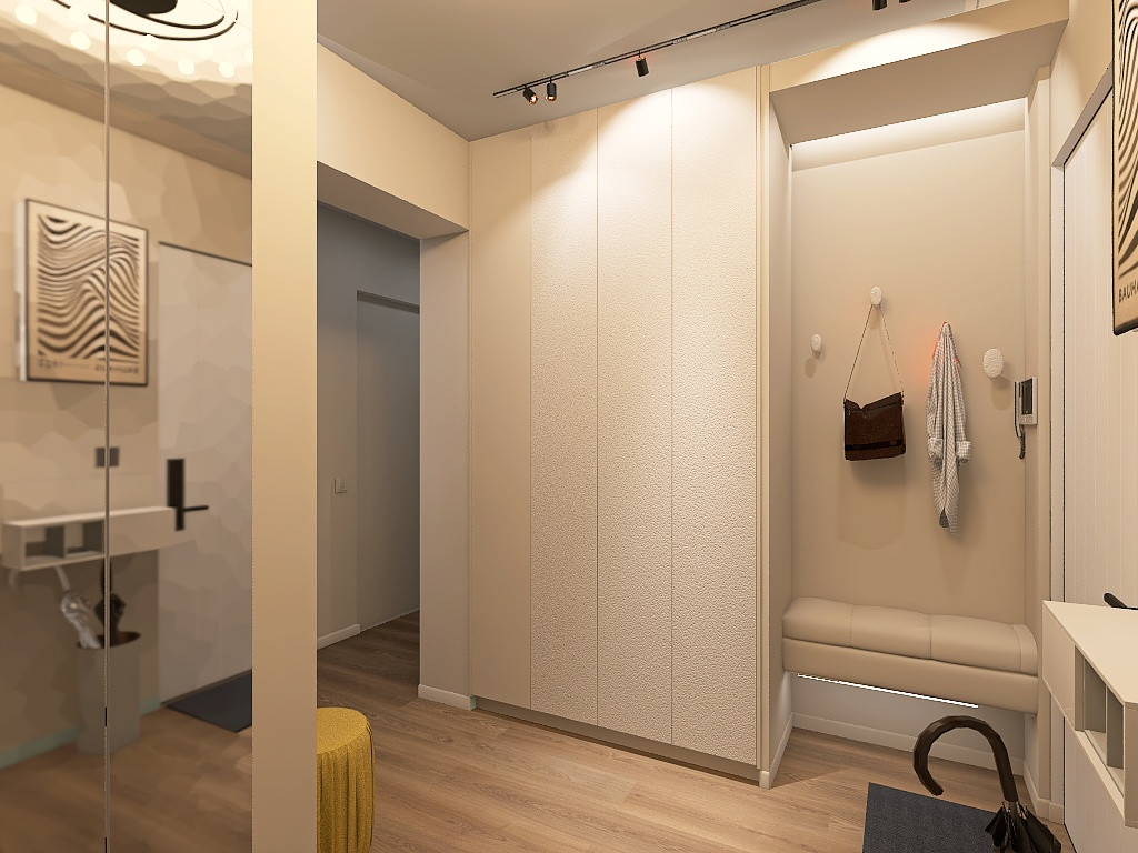 квартира в серо-бежевых тонах с яркой ванной