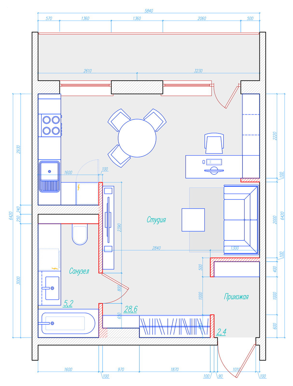 Однокомнатная квартира в современном стиле, вариант 2
