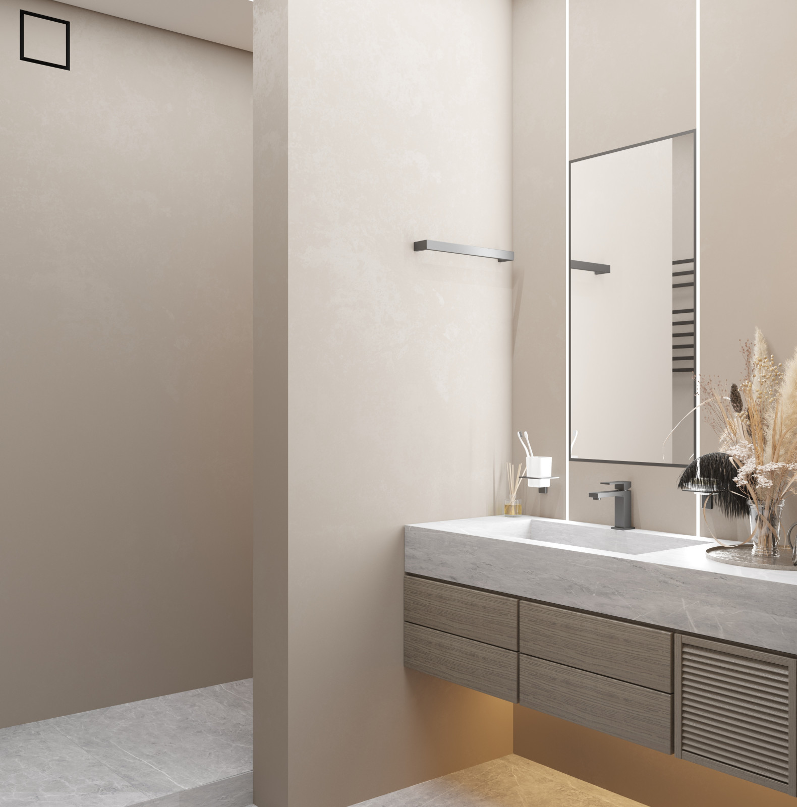 Компактная и функциональная душевая комната в микроцементе