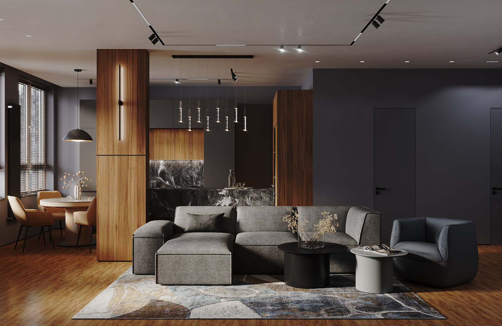 Обложка проекта: Минималистичная квартира в темных тонах.
