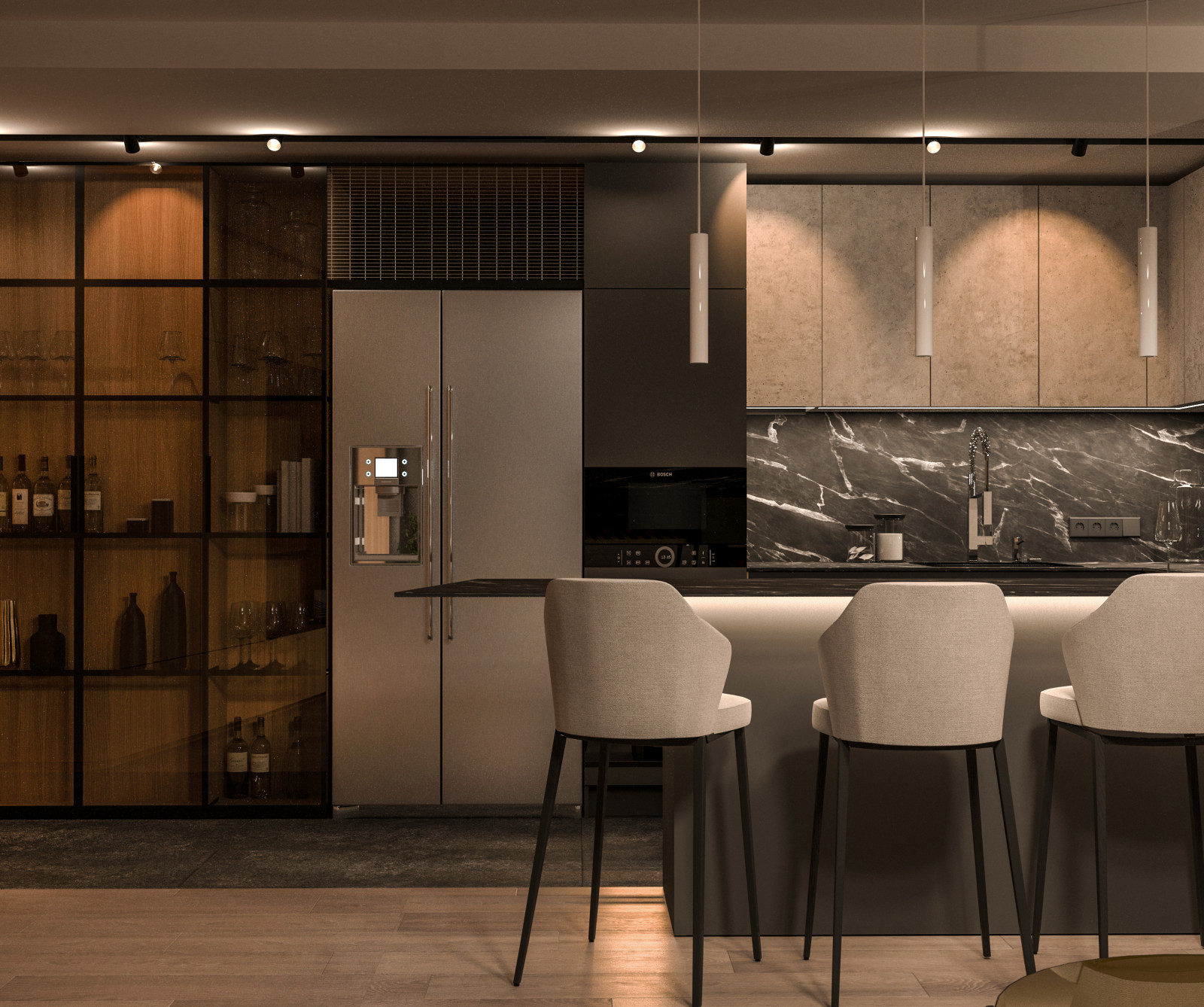 Кухонная зона, вариант освещения ночью.