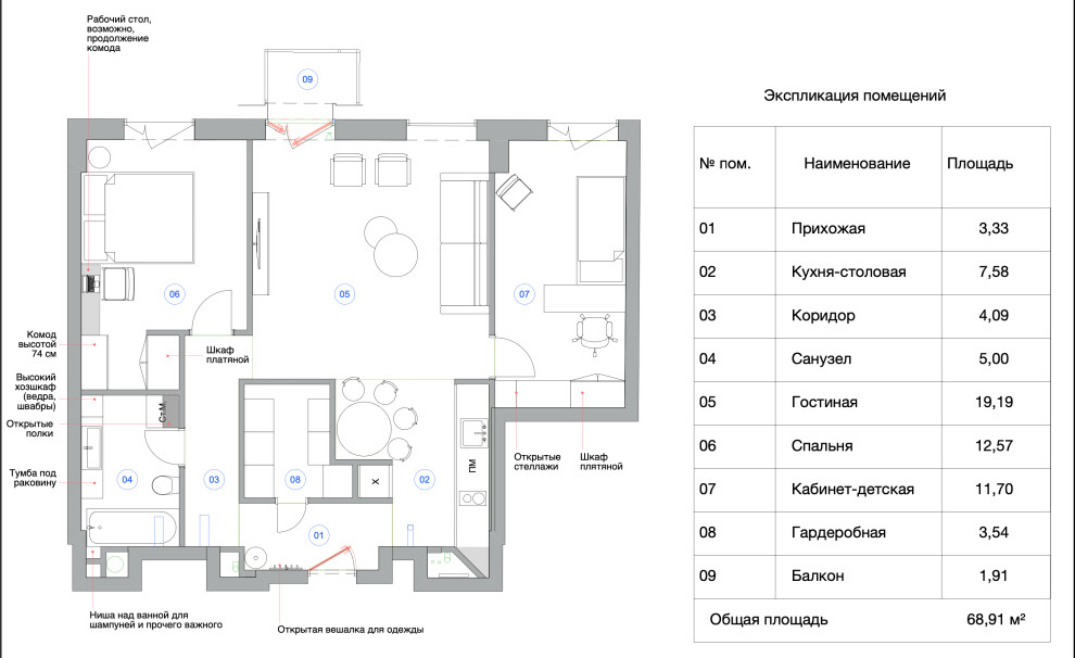 Поиск планировки: 6 вариантов и финал — для апартаментов 71 кв.м
