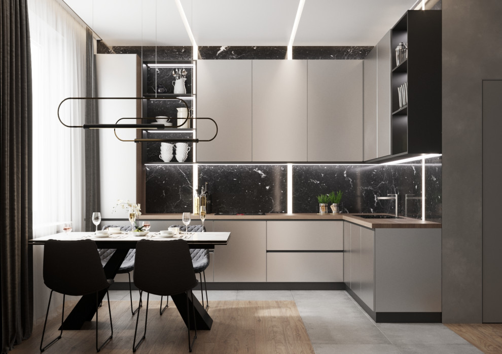 Кухня с герметичными панелями и натуральным мрамором
