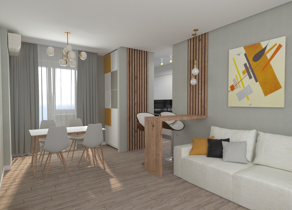 Гостиная с биокамином и барной стойкой