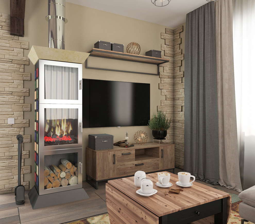 Дизайн-проект кухни гостиной с печью-камином