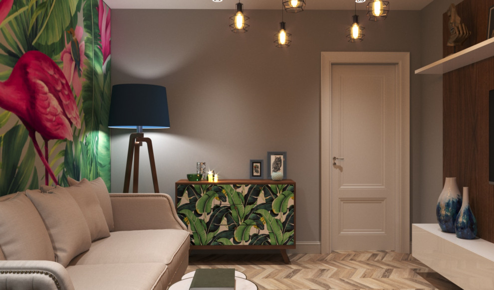 Дизайн небольшой гостиной с рабочим местом и авторскими яркими обоями