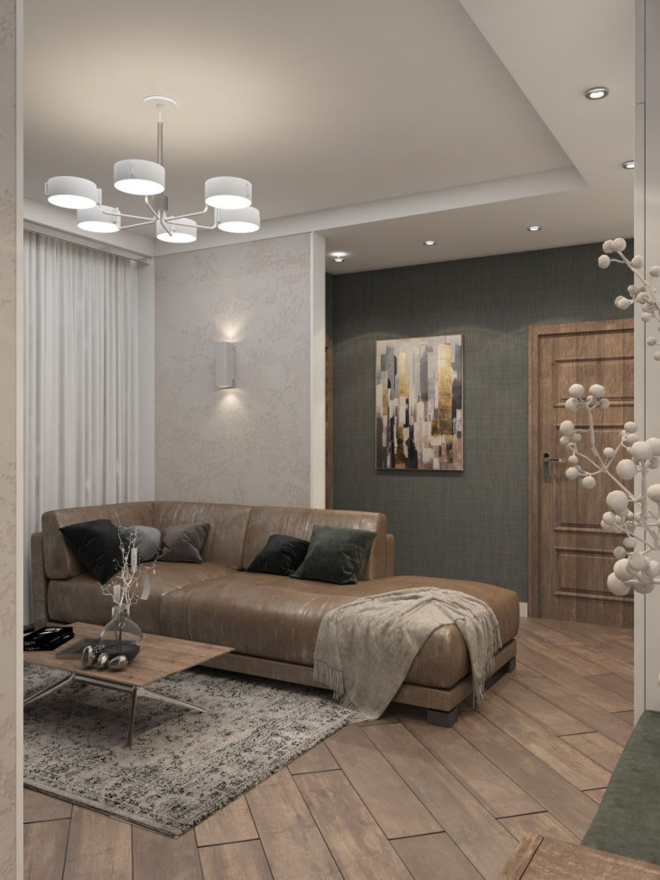 Двухкомнатная квартира со стеклом между гостиной и спальней