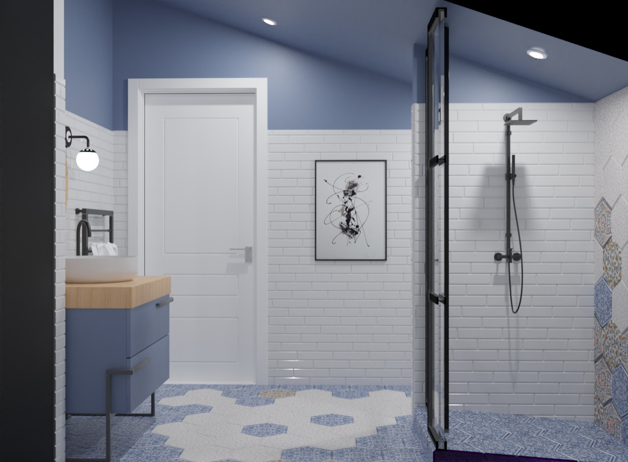 Ванная комната в синих оттенках.