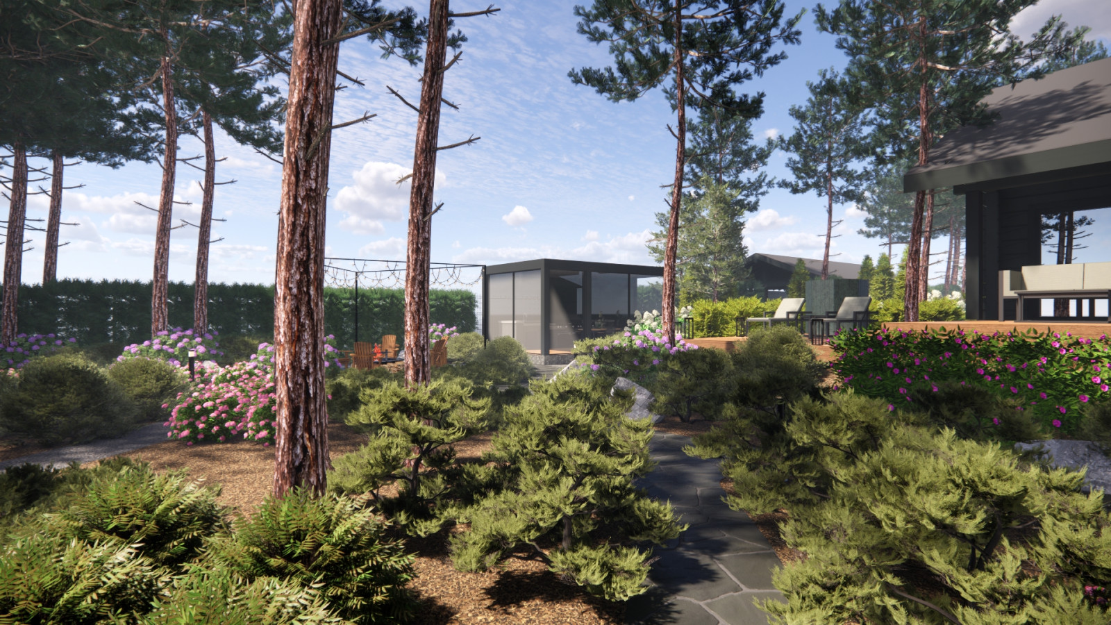 Вид на беседку из лесной зоны