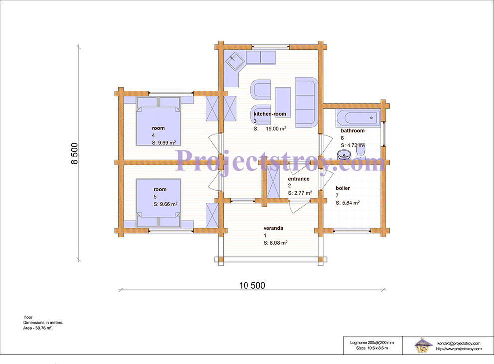 Проект одноэтажного дома из профилированного бруса 10.5 на 8.5 м