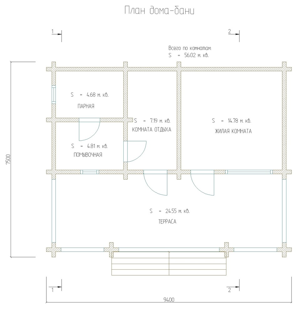 Дом-баня 56м2 из бруса 150х150 — проект 276
